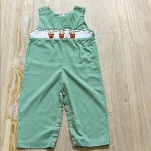 Green Kids Overalls with Reindeer Design